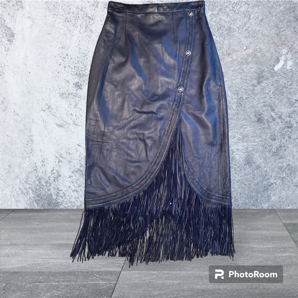Continental baby soft lamb skin leather fringe skirt Indigo blue. NWOT cowgirl - Picture 4 of 17
